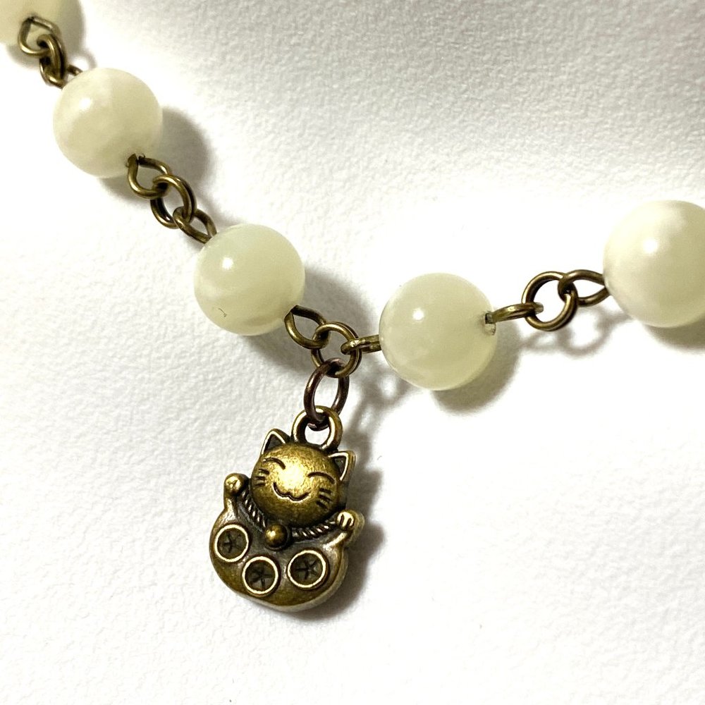 Natural Pale Green Serpentine Necklace, Bronze Fortune Cat + Genuine Gemstone
